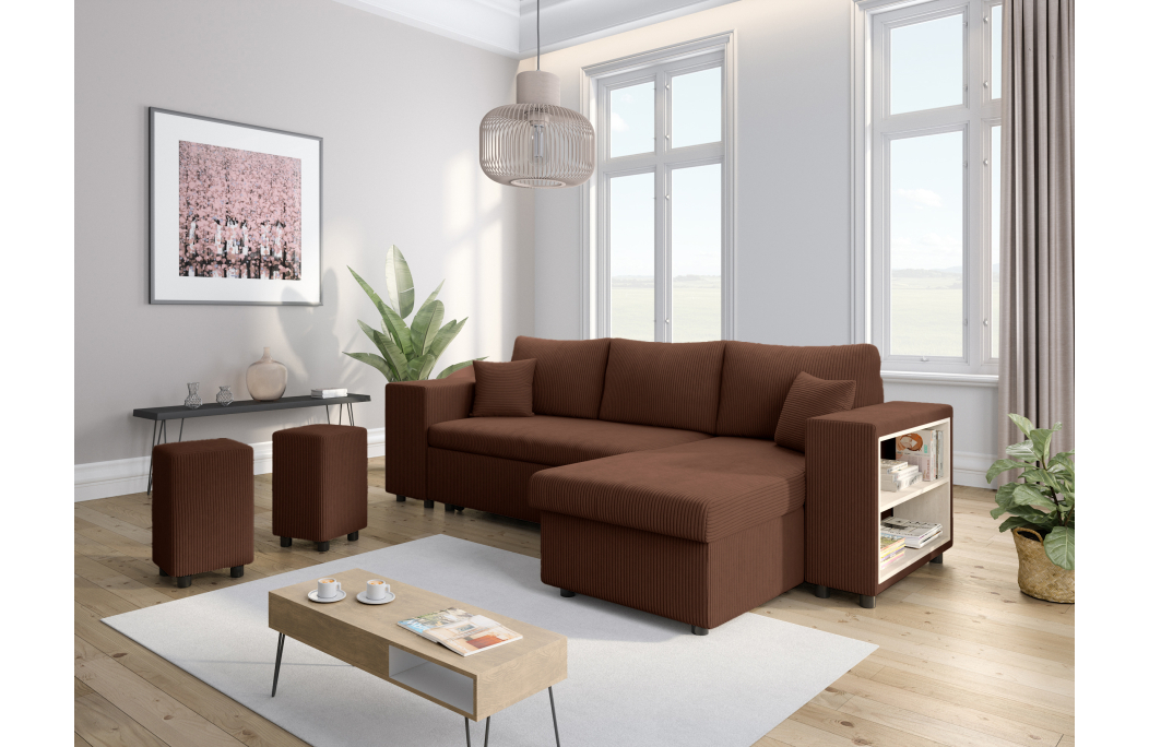 Canapé d'angle MADY convertible avec coffre, 2 poufs et étagère en velours côtelé