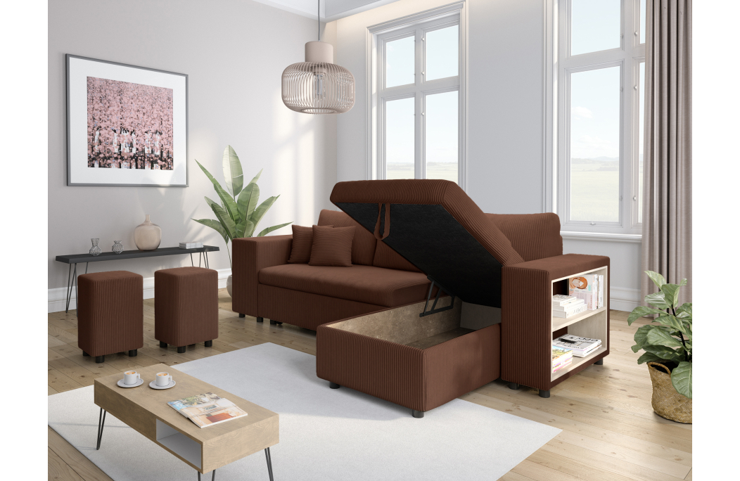 Canapé d'angle MADY convertible avec coffre, 2 poufs et étagère en velours côtelé