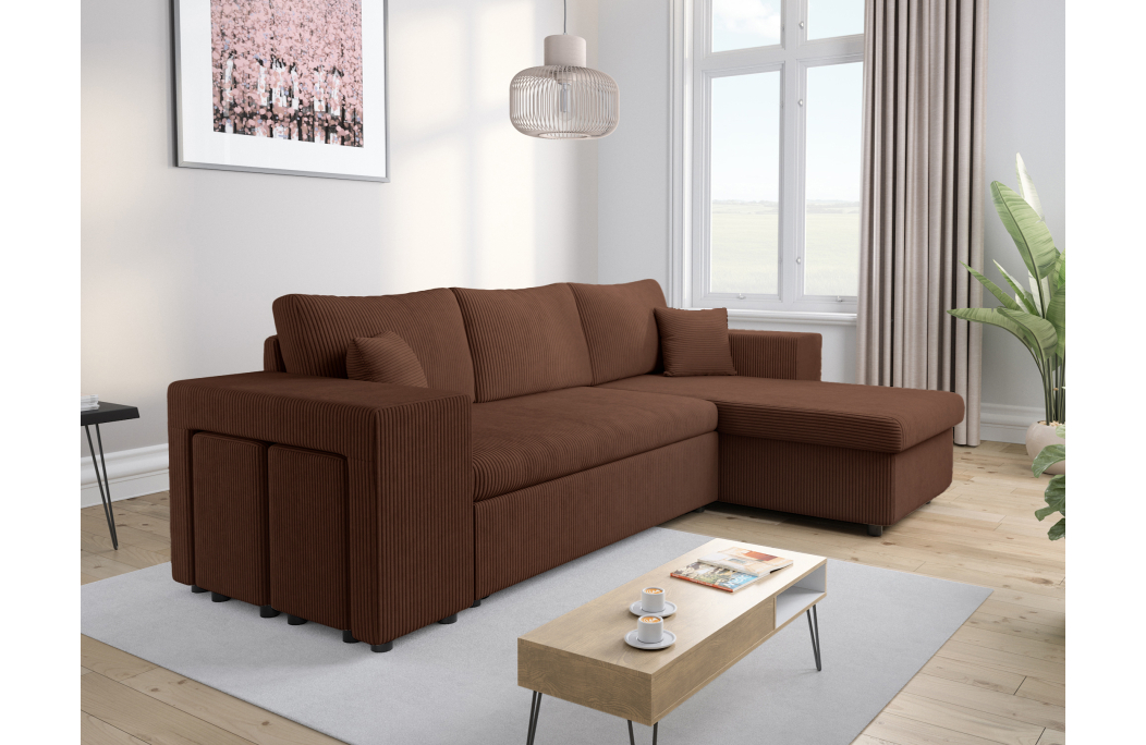 Canapé d'angle MADY convertible avec coffre, 2 poufs et étagère en velours côtelé