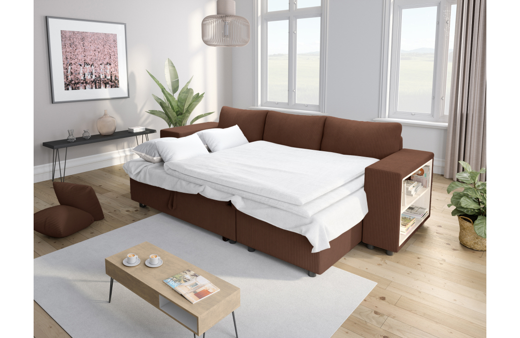 Canapé d'angle MADY convertible avec coffre, 2 poufs et étagère en velours côtelé