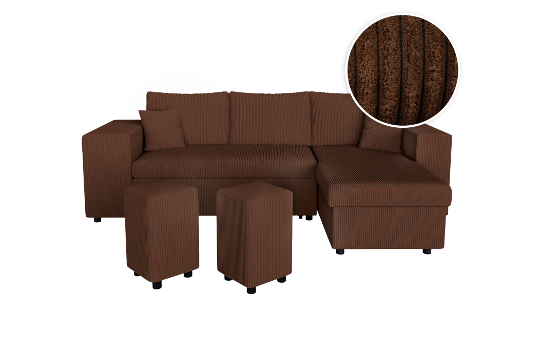 Canapé d'angle MADY convertible avec coffre, 2 poufs et étagère en velours côtelé