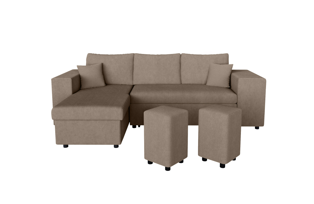 Canapé d'angle MADY convertible avec coffre, 2 poufs et étagère en velours côtelé