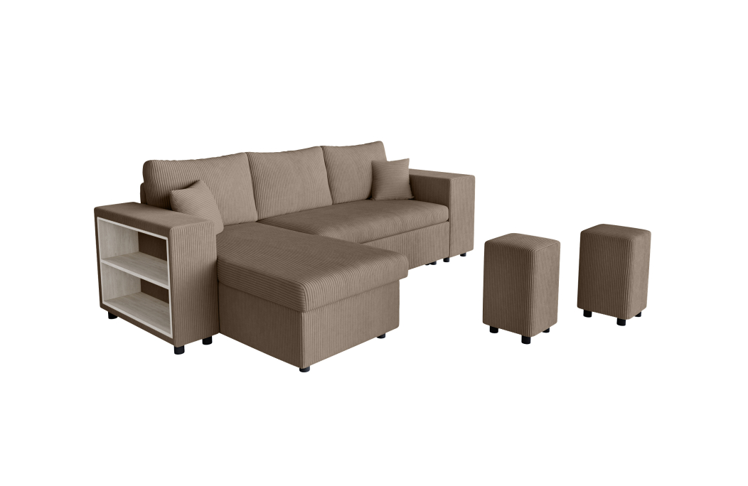 Canapé d'angle MADY convertible avec coffre, 2 poufs et étagère en velours côtelé