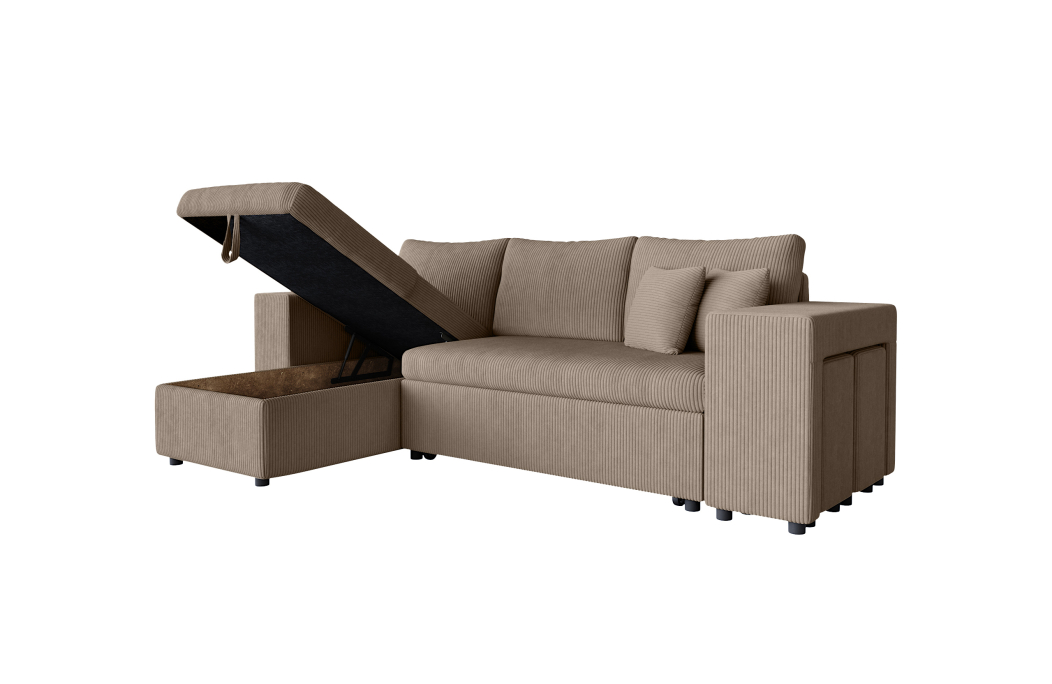 Canapé d'angle MADY convertible avec coffre, 2 poufs et étagère en velours côtelé