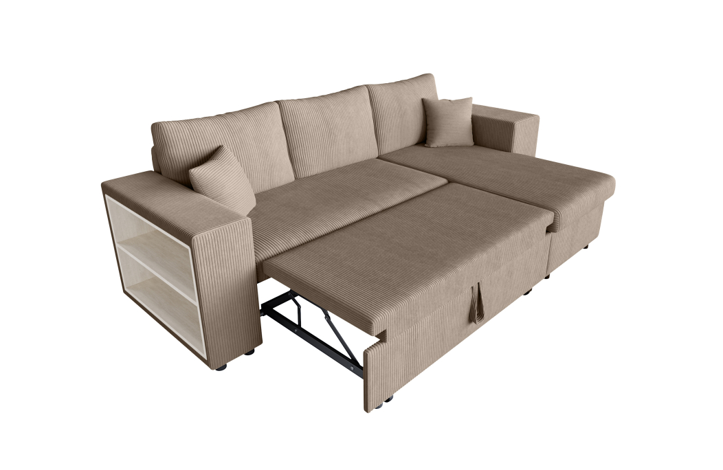 Canapé d'angle MADY convertible avec coffre, 2 poufs et étagère en velours côtelé