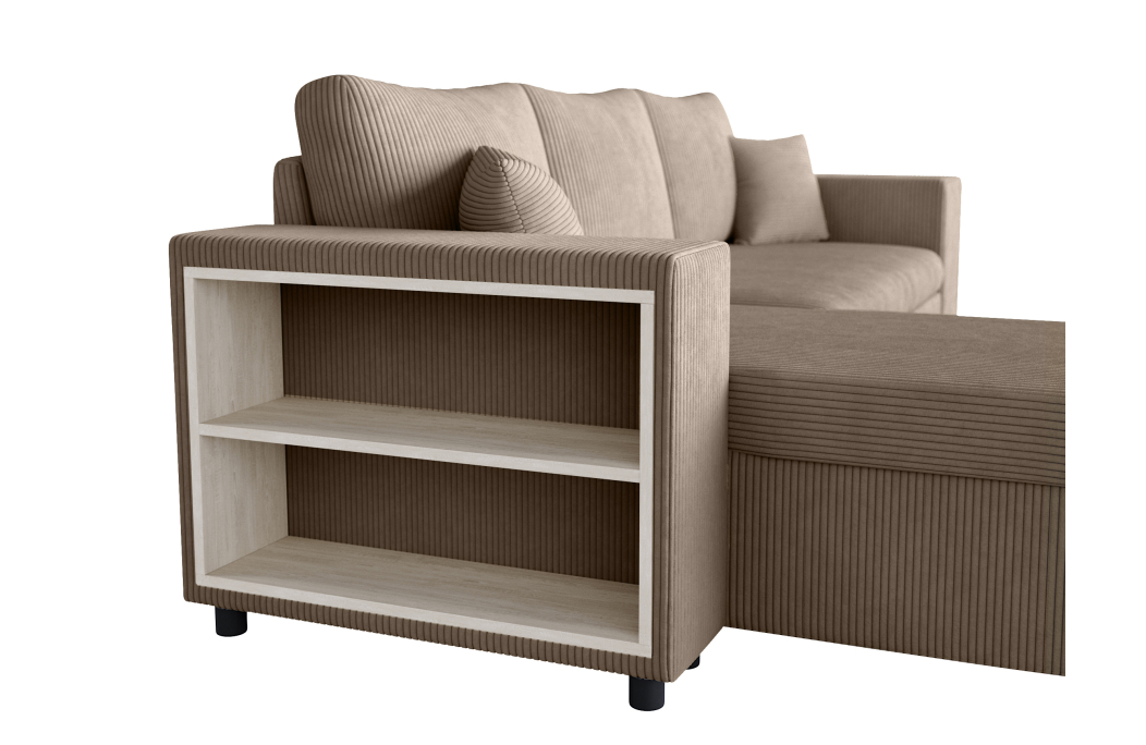 Canapé d'angle MADY convertible avec coffre, 2 poufs et étagère en velours côtelé