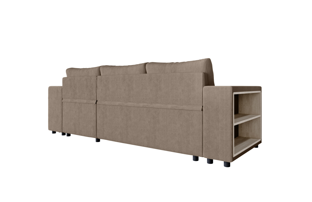 Canapé d'angle MADY convertible avec coffre, 2 poufs et étagère en velours côtelé