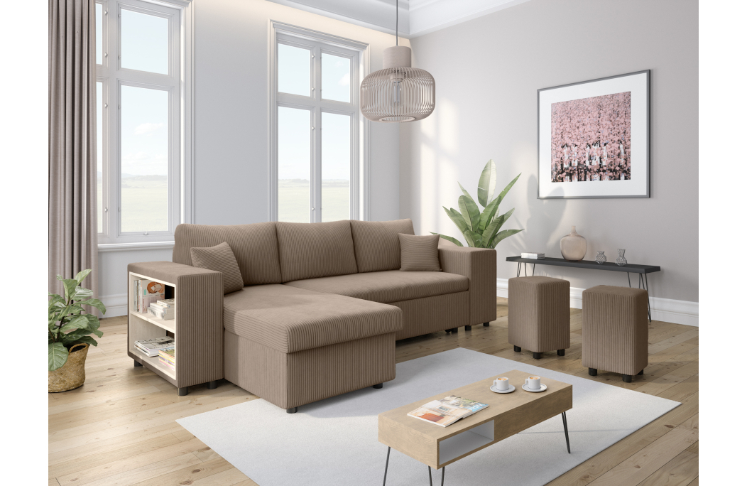 Canapé d'angle MADY convertible avec coffre, 2 poufs et étagère en velours côtelé