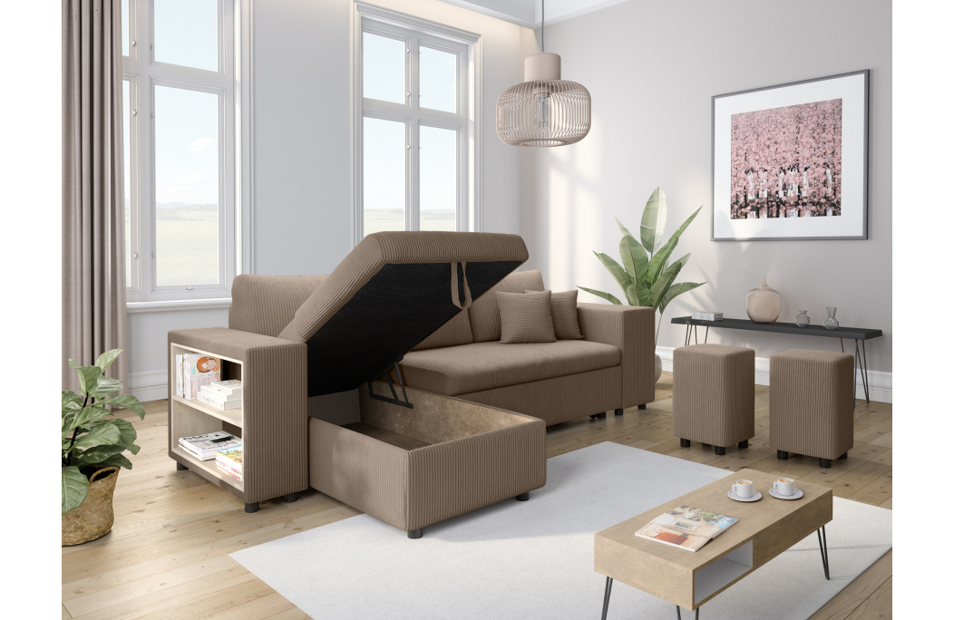 Canapé d'angle MADY convertible avec coffre, 2 poufs et étagère en velours côtelé
