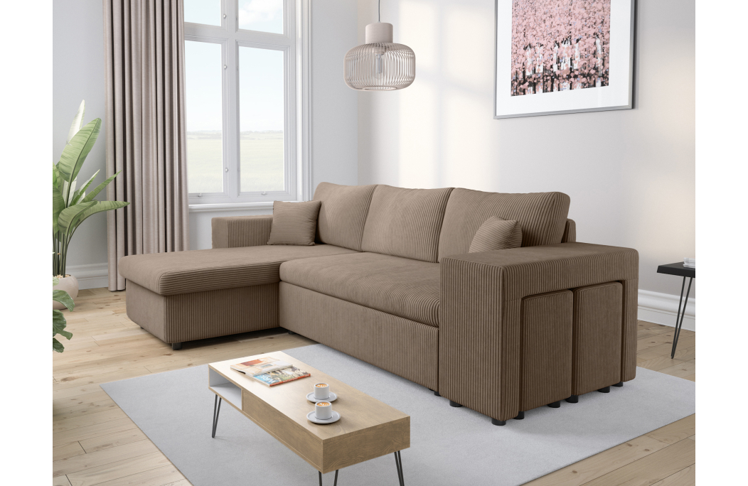 Canapé d'angle MADY convertible avec coffre, 2 poufs et étagère en velours côtelé