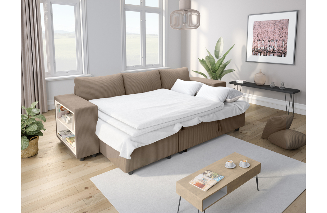 Canapé d'angle MADY convertible avec coffre, 2 poufs et étagère en velours côtelé