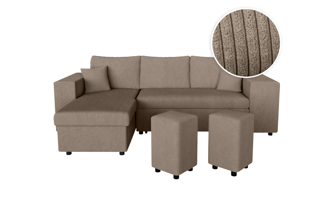 Canapé d'angle MADY convertible avec coffre, 2 poufs et étagère en velours côtelé