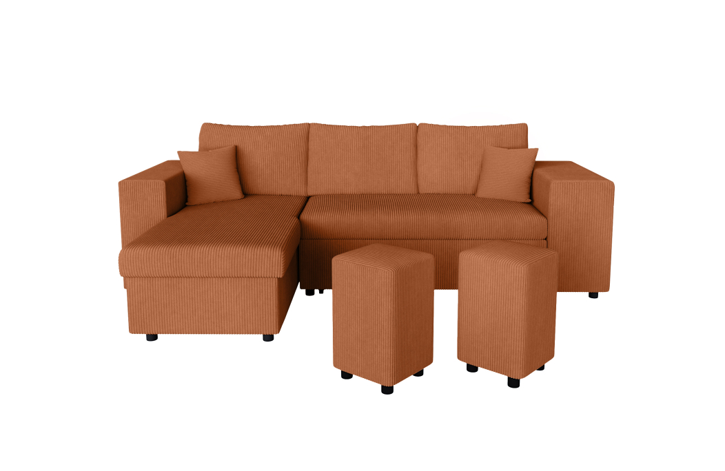 Canapé d'angle MADY convertible avec coffre, 2 poufs et étagère en velours côtelé