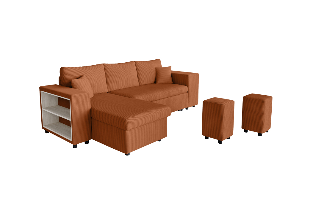 Canapé d'angle MADY convertible avec coffre, 2 poufs et étagère en velours côtelé