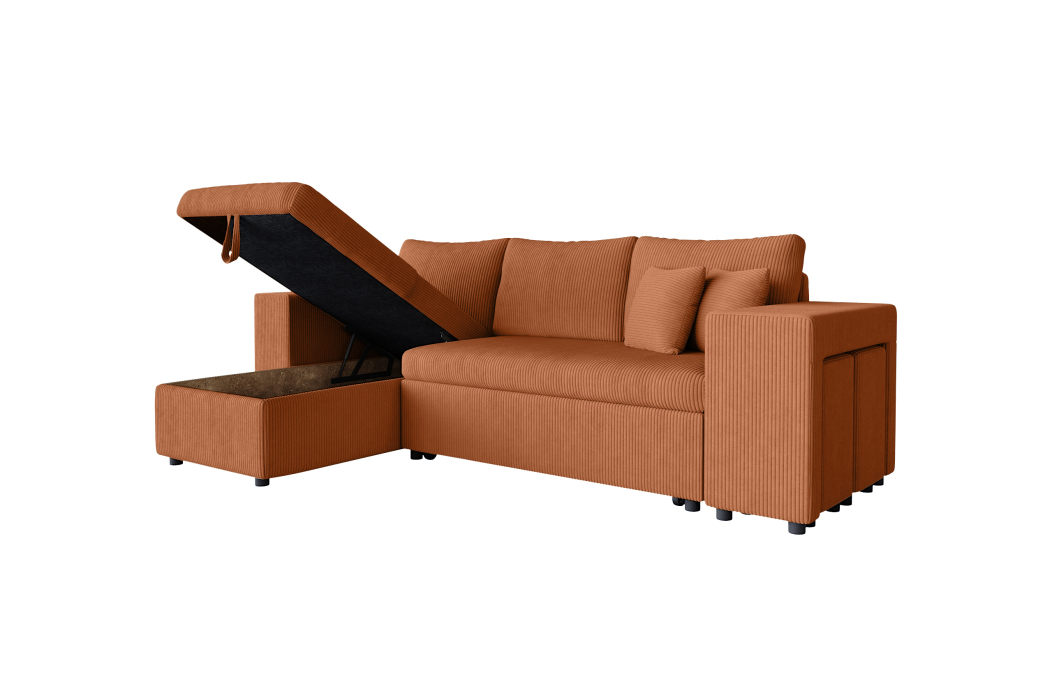 Canapé d'angle MADY convertible avec coffre, 2 poufs et étagère en velours côtelé