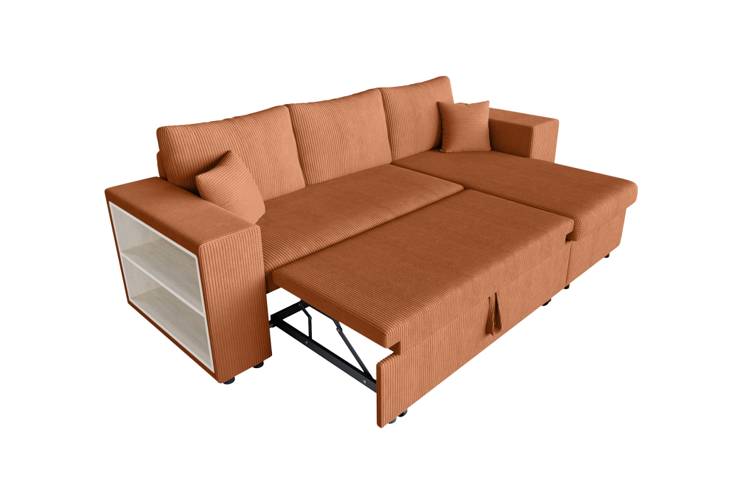 Canapé d'angle MADY convertible avec coffre, 2 poufs et étagère en velours côtelé