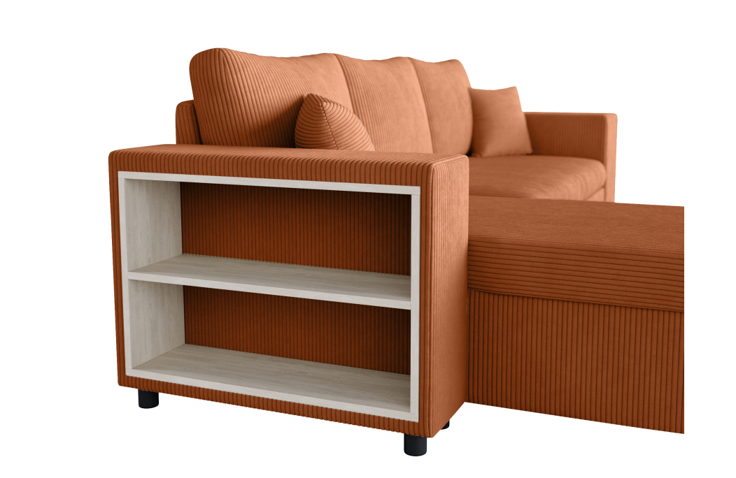 Canapé d'angle MADY convertible avec coffre, 2 poufs et étagère en velours côtelé