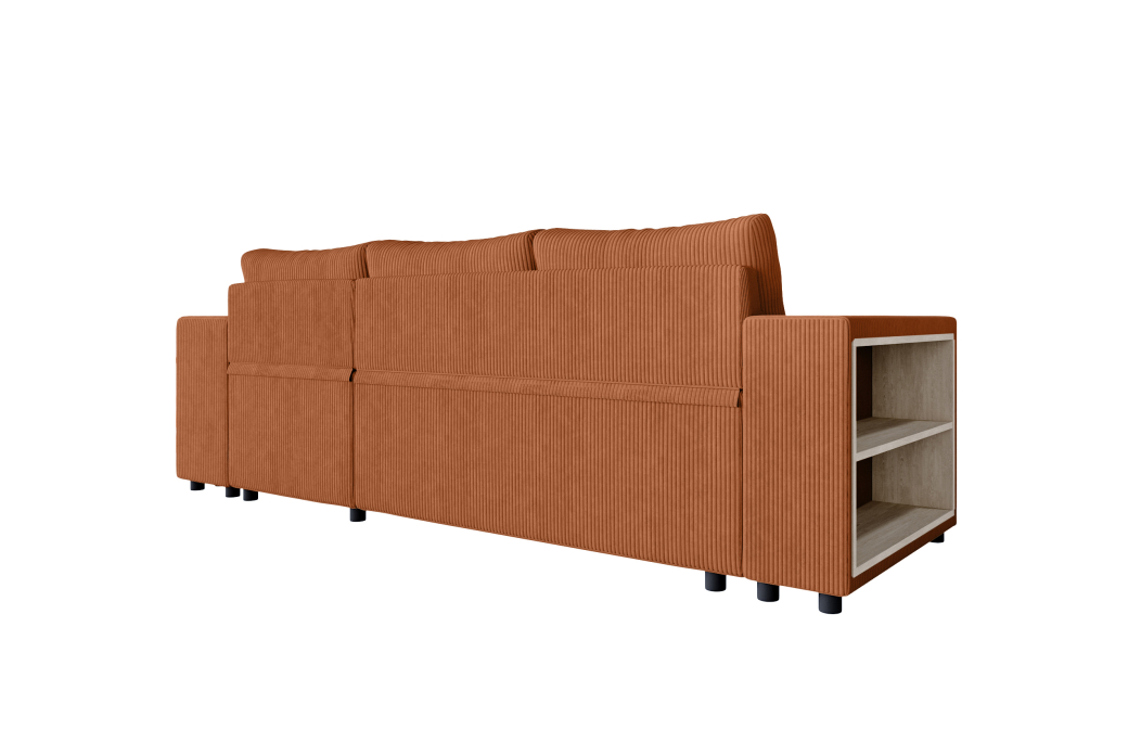 Canapé d'angle MADY convertible avec coffre, 2 poufs et étagère en velours côtelé