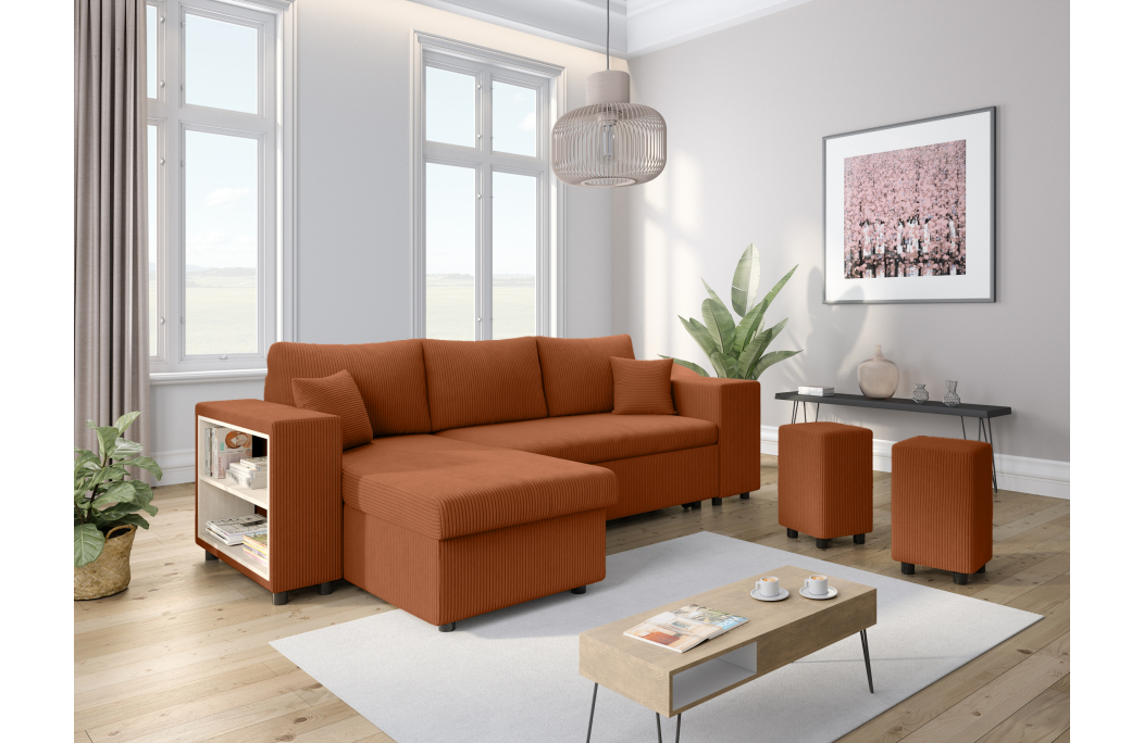 Canapé d'angle MADY convertible avec coffre, 2 poufs et étagère en velours côtelé
