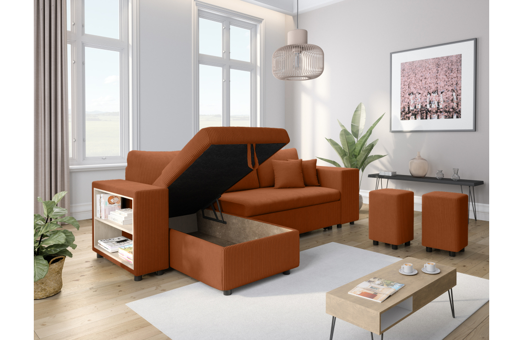 Canapé d'angle MADY convertible avec coffre, 2 poufs et étagère en velours côtelé