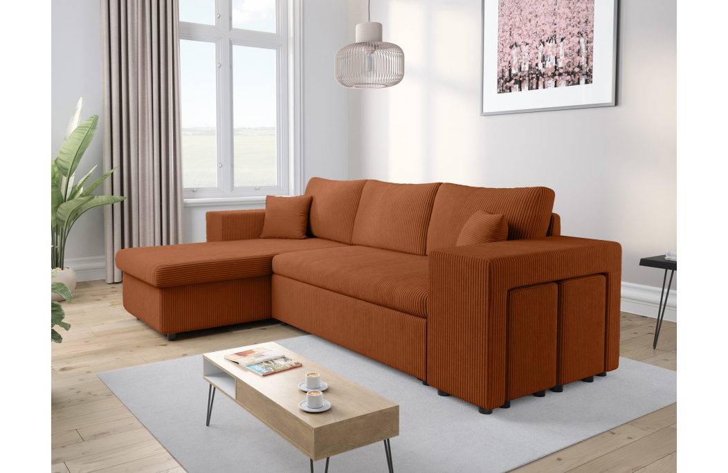 Canapé d'angle MADY convertible avec coffre, 2 poufs et étagère en velours côtelé