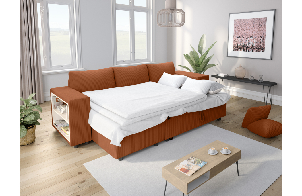 Canapé d'angle MADY convertible avec coffre, 2 poufs et étagère en velours côtelé
