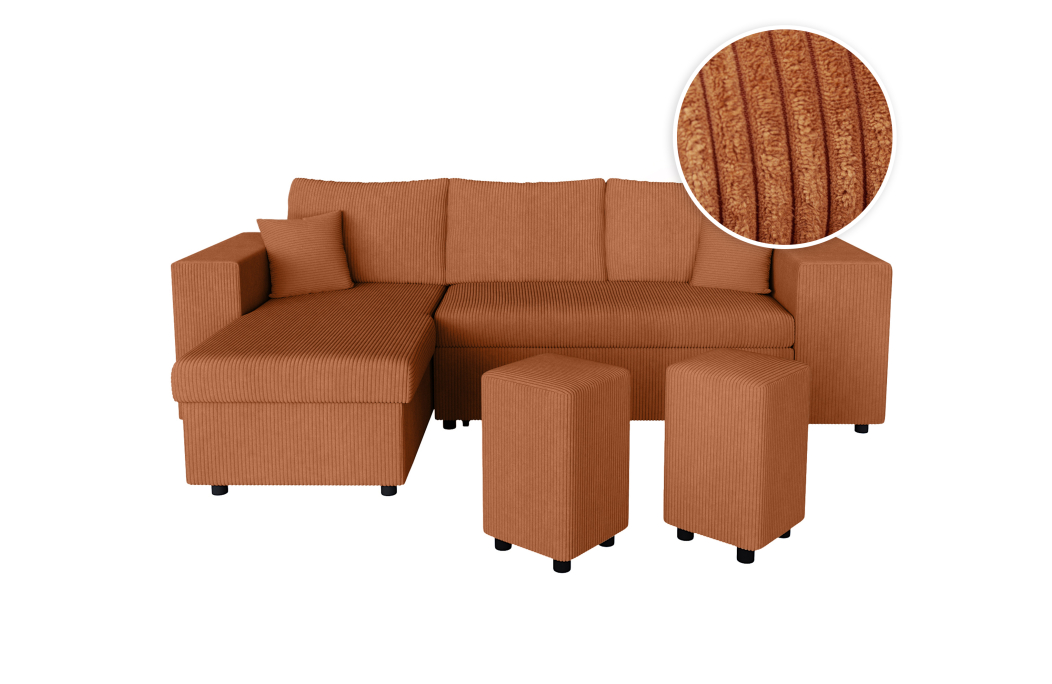 Canapé d'angle MADY convertible avec coffre, 2 poufs et étagère en velours côtelé
