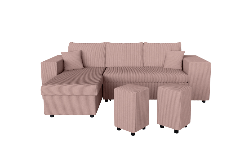 Canapé d'angle MADY convertible avec coffre, 2 poufs et étagère en velours côtelé