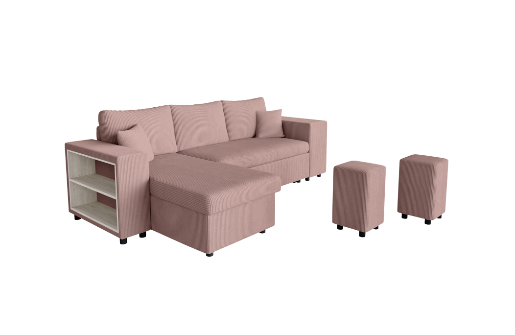 Canapé d'angle MADY convertible avec coffre, 2 poufs et étagère en velours côtelé