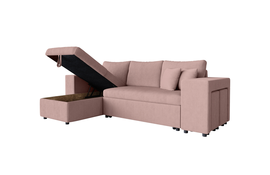 Canapé d'angle MADY convertible avec coffre, 2 poufs et étagère en velours côtelé