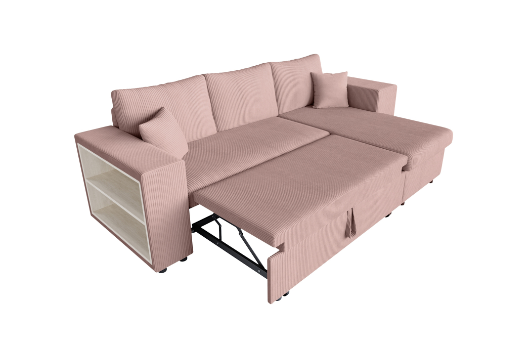 Canapé d'angle MADY convertible avec coffre, 2 poufs et étagère en velours côtelé