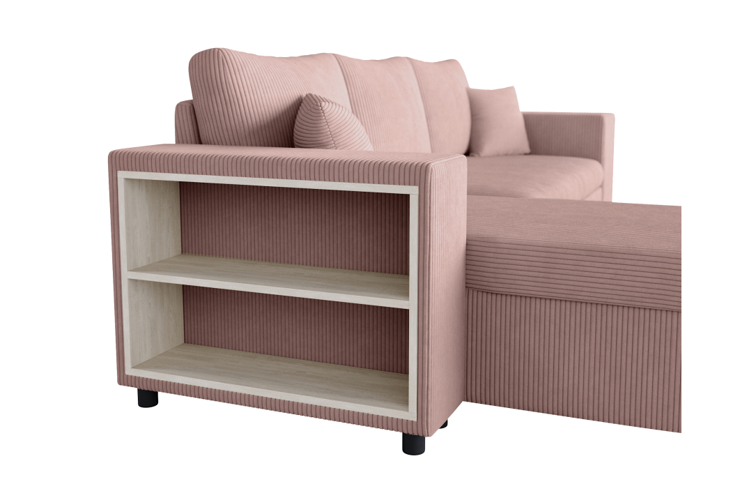 Canapé d'angle MADY convertible avec coffre, 2 poufs et étagère en velours côtelé