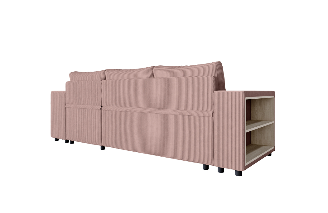 Canapé d'angle MADY convertible avec coffre, 2 poufs et étagère en velours côtelé