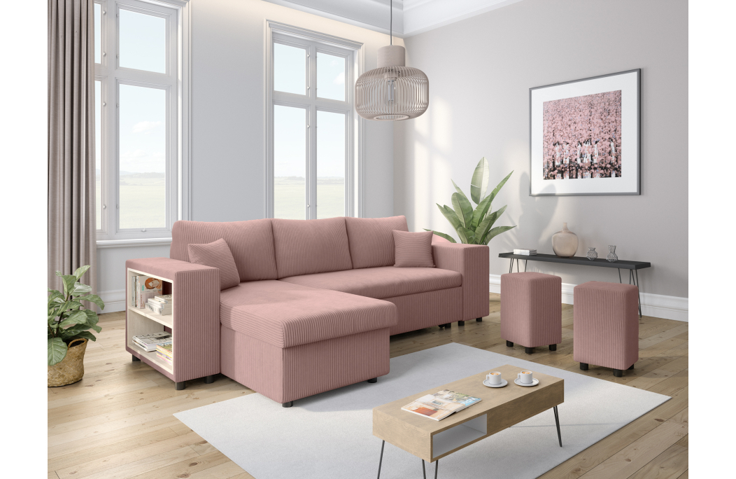 Canapé d'angle MADY convertible avec coffre, 2 poufs et étagère en velours côtelé