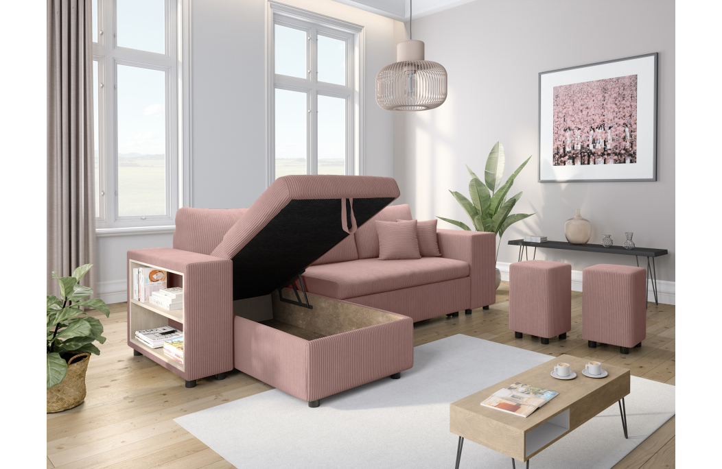 Canapé d'angle MADY convertible avec coffre, 2 poufs et étagère en velours côtelé