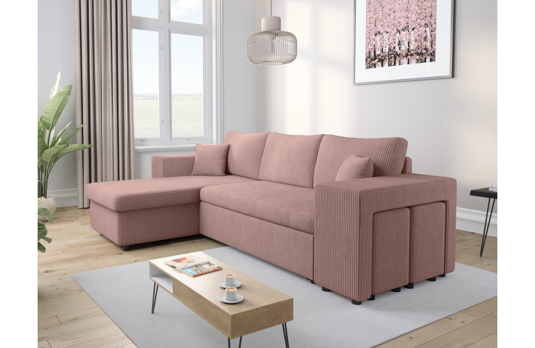 Canapé d'angle MADY convertible avec coffre, 2 poufs et étagère en velours côtelé