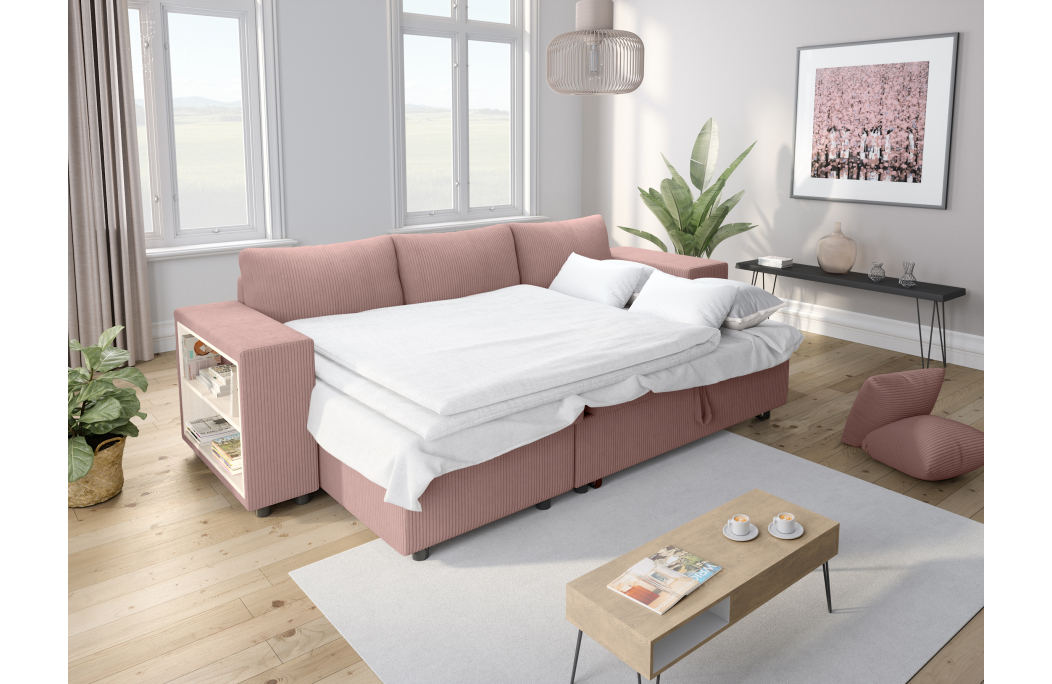 Canapé d'angle MADY convertible avec coffre, 2 poufs et étagère en velours côtelé