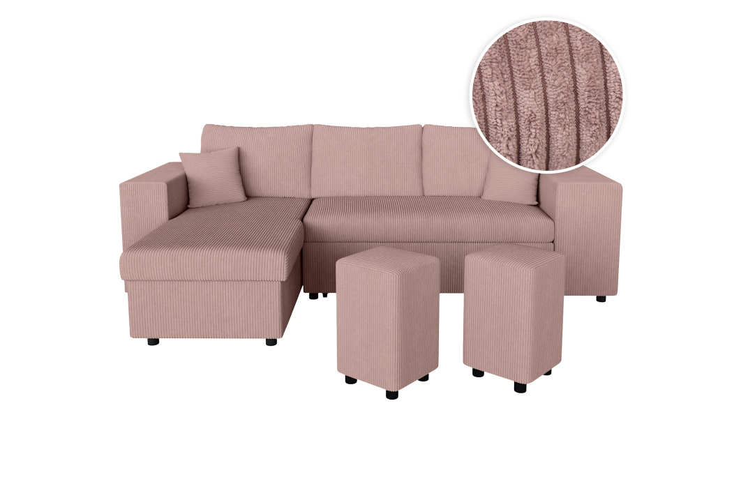 Canapé d'angle MADY convertible avec coffre, 2 poufs et étagère en velours côtelé