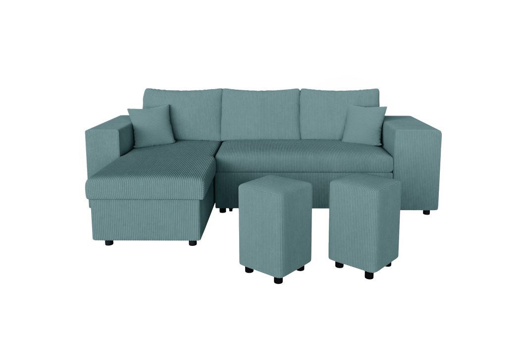 Canapé d'angle MADY convertible avec coffre, 2 poufs et étagère en velours côtelé