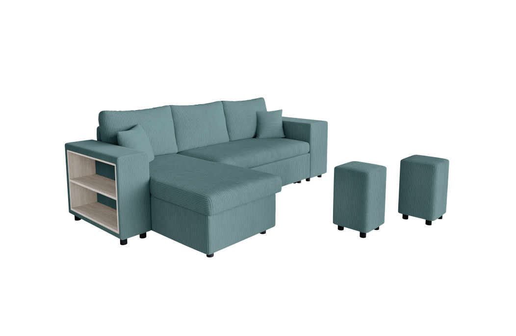 Canapé d'angle MADY convertible avec coffre, 2 poufs et étagère en velours côtelé