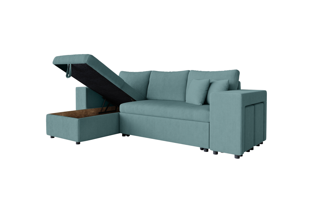 Canapé d'angle MADY convertible avec coffre, 2 poufs et étagère en velours côtelé
