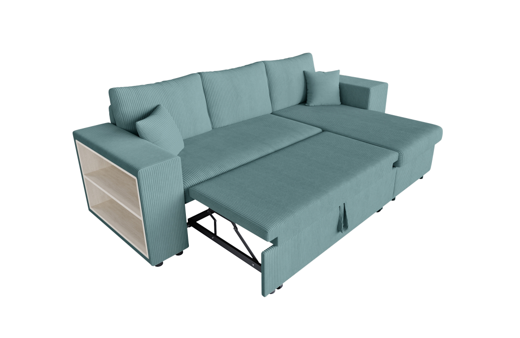 Canapé d'angle MADY convertible avec coffre, 2 poufs et étagère en velours côtelé