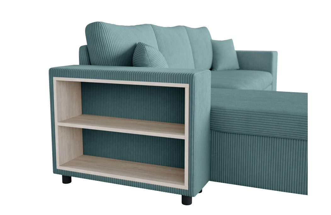 Canapé d'angle MADY convertible avec coffre, 2 poufs et étagère en velours côtelé