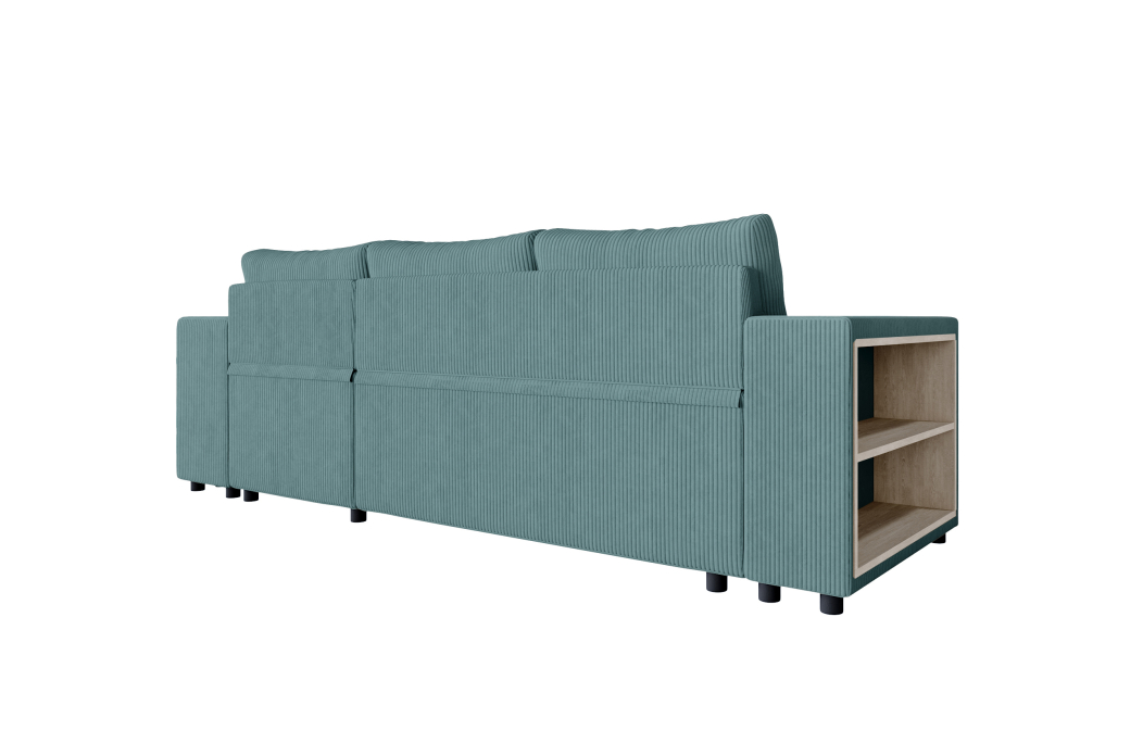 Canapé d'angle MADY convertible avec coffre, 2 poufs et étagère en velours côtelé