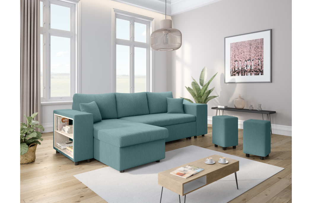 Canapé d'angle MADY convertible avec coffre, 2 poufs et étagère en velours côtelé