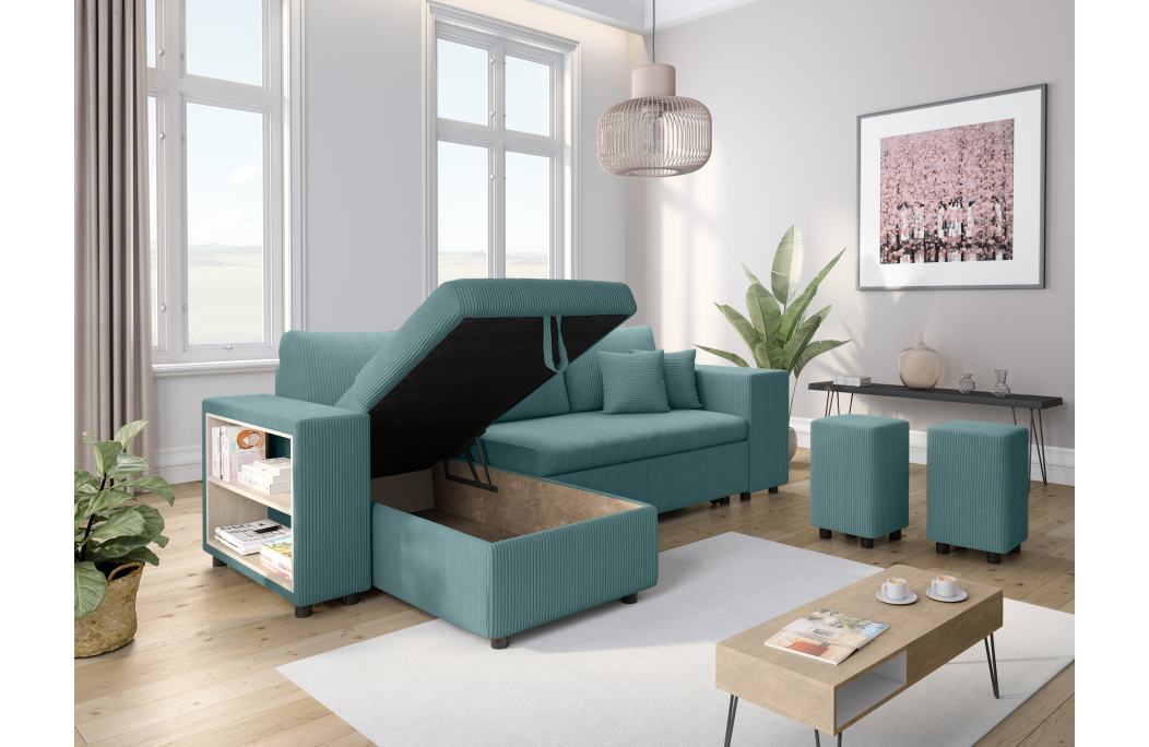 Canapé d'angle MADY convertible avec coffre, 2 poufs et étagère en velours côtelé