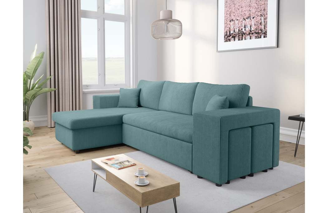 Canapé d'angle MADY convertible avec coffre, 2 poufs et étagère en velours côtelé