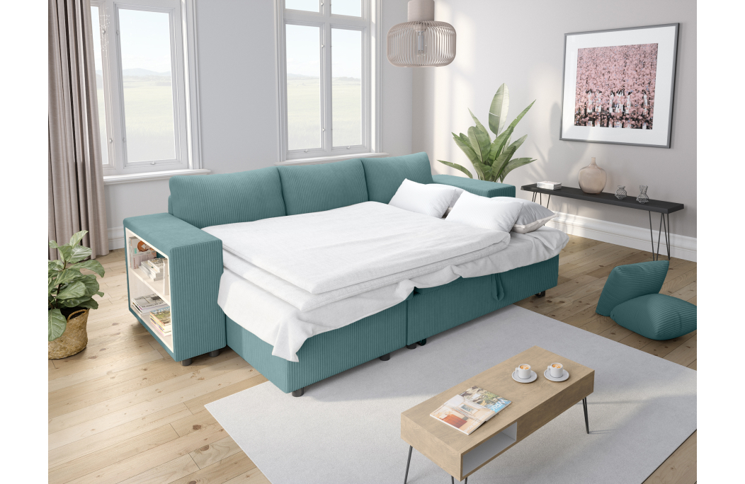 Canapé d'angle MADY convertible avec coffre, 2 poufs et étagère en velours côtelé