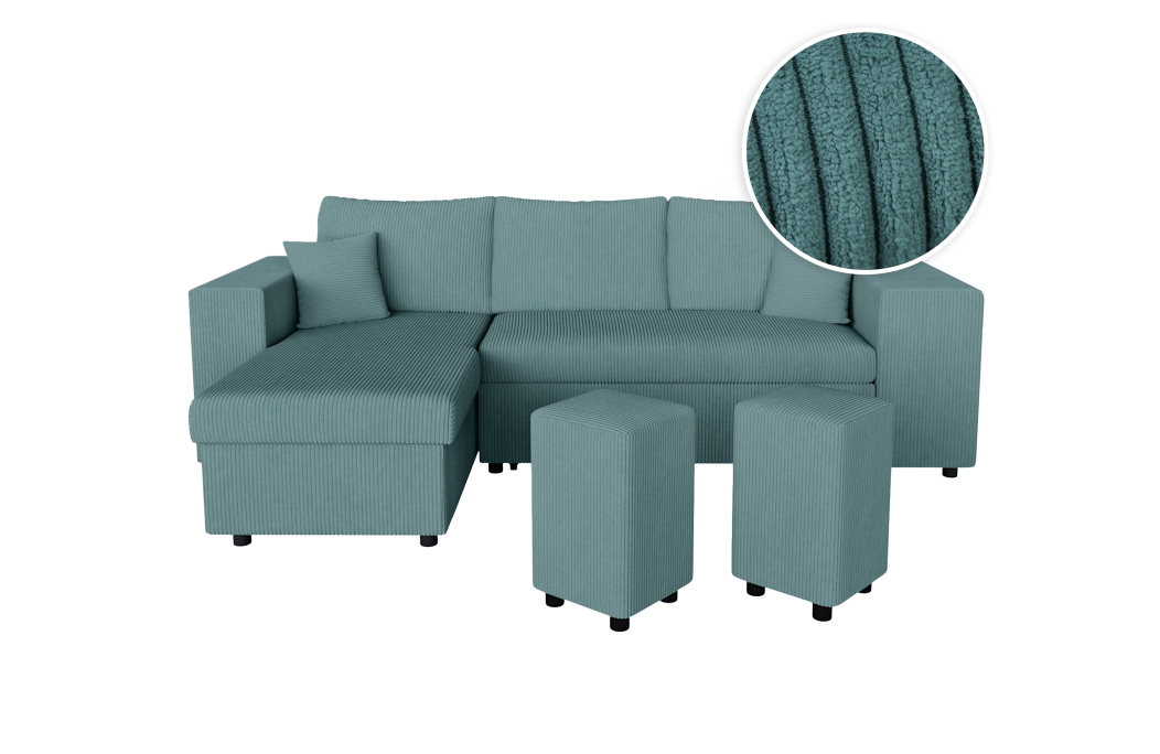 Canapé d'angle MADY convertible avec coffre, 2 poufs et étagère en velours côtelé