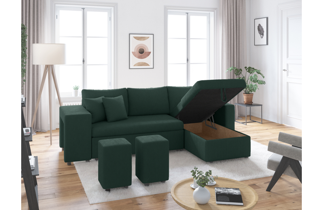 Canapé d'angle réversible convertible OSLO avec coffre et 2 poufs en velours côtelé